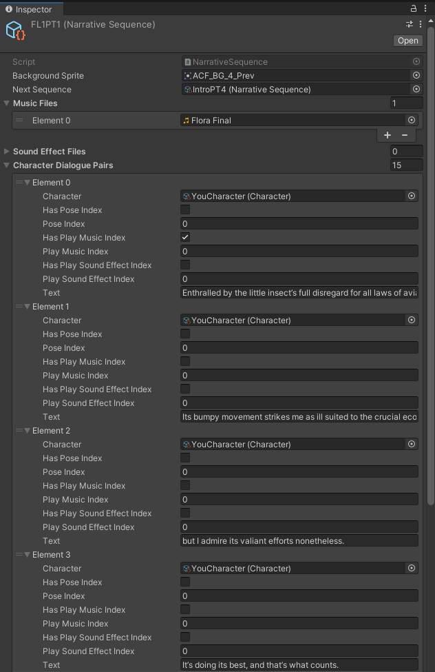 The Unity inspector showing off an example of the Narrative Sequence scriptable object being used. It contains data for a sequence pertaining to a character called Flora, and uses a music file. The array of dialogue that the player and Flora say is also present.